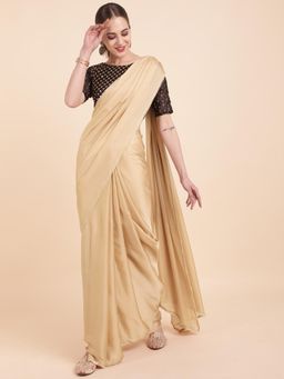Nyri - Butter Satin Beige Color Perl Border Party Saree with Unstitched Blouse