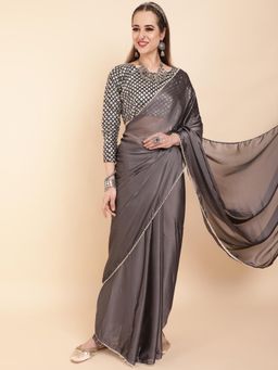 Nyri - Dark Grey Butter Silk Colourblocked Perl Border Saree with Unstitched Blouse