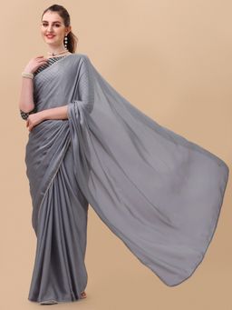 Nyri - Grey Smooth Satin Perl Border Party Saree with Unstitched Blouse