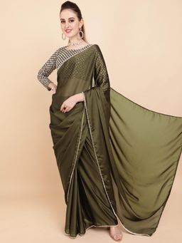 Nyri - Olive Butter Satin Beautiful Perl Border Saree with Unstitched Blouse