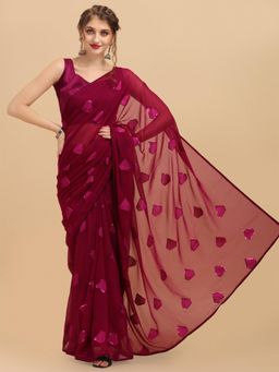 Nyri - Wine Pure Georgette Colourblocked Sequinned Party Saree with Unstitched Blouse
