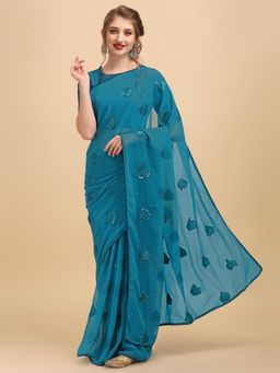 Nyri - Morpankh Color Pure Georgette Colourblocked Sequinned Party Saree with Unstitched Blouse