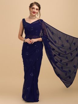 Nyri - Navy Blue Pure Georgette Sequinned Party Saree with Unstitched Blouse