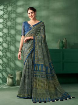 Nyri - Teal Jaipuri Cotton Dabu Printed Festive Saree with Unstitched Blouse