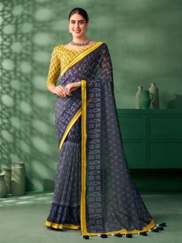 Nyri - Navy Blue Jaipuri Cotton Bagh Printed Festive Saree with Unstitched Blouse