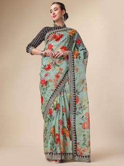 Nyri - Sea Green Organza Printed Festive Designer Saree with Unstitched Blouse