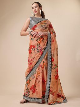 Nyri - Orange Organza Printed Festive Designer Saree with Unstitched Blouse