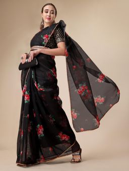 Nyri - Shinny Black Organza Printed Festive Designer Saree with Unstitched Blouse