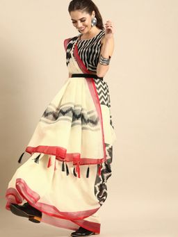 Nyri - Off White Pure Linen Striped Work Wear Saree with Unstitched Blouse