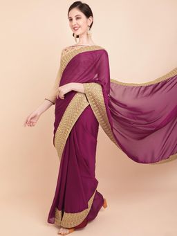 Nyri - Purple Pure Georgette Embellished Party Designer Saree with Unstitched Blouse