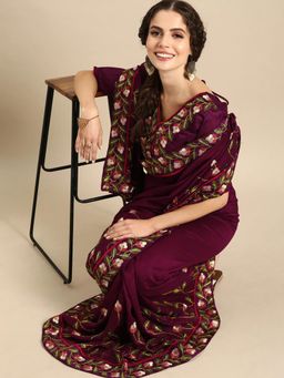 Nyri - Wine Silk blend Embroidered Festive Designer Saree with Unstitched Blouse