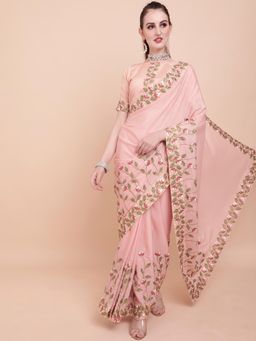 Nyri - Pink Silk Blend Batik Embroidered Designer Saree with Unstitched Blouse