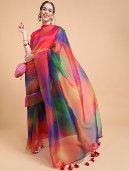 Nyri - Multi-Color Organza Printed Ombre Designer Saree with Unstitched Blouse