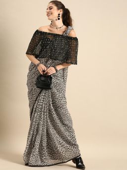 Nyri - Black Pure Georgette Embellished Tiger Print Party Saree with Unstitched Blouse