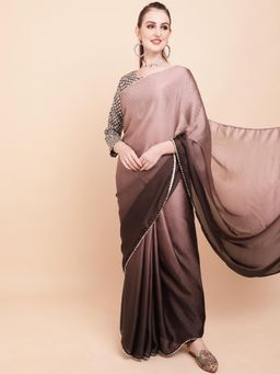 Nyri - Milky Padding Satin Brown Perl Border Party Saree with Unstitched Blouse