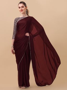 Nyri - Pure Maroon Color Smooth Satin Perl Border Party Saree with Unstitched Blouse