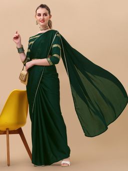 Nyri - Green Smooth Satin Perl Border Party Saree with Unstitched Blouse with Sequinned Blouse