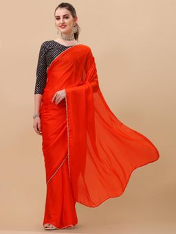 Nyri - Orange Smooth Satin Perl Border Party Saree with Unstitched Blouse with Sequinned Blouse