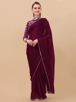 Nyri - Pure Wine Color Smooth Satin Perl Border Party Saree with Unstitched Blouse