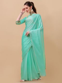 Nyri - Sea green Smooth Satin Perl Border Party Saree with Unstitched Blouse with Sequinned Blouse
