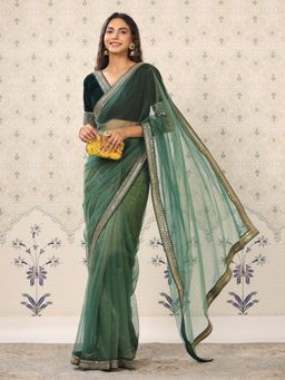 Nyri - Net Green & Golden EmbrNyriry Saree with Unstitched Blouse & Gold Sequinned Border
