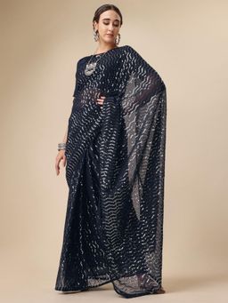 Nyri - Navy Blue Pure Georgette Embellished Festive Designer Saree with Unstitched Blouse