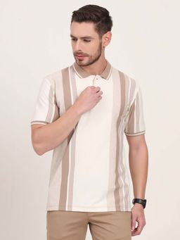JadeBlue - Beige Striped Slim Fit Polo T-shirt
