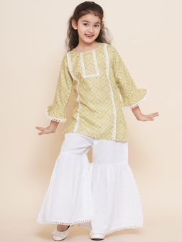 AJ Dezines - Kids Green Cotton Printed Bell Sleeves Kurta Sharara for Girls (Set of 2)