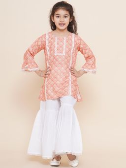 AJ Dezines - Kids Peach Cotton Printed Bell Sleeves Kurta Sharara for Girls (Set of 2)