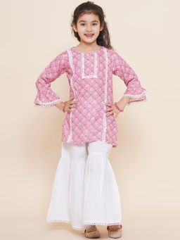 AJ Dezines - Kids Pink Cotton Printed Bell Sleeves Kurta Sharara for Girls (Set of 2)
