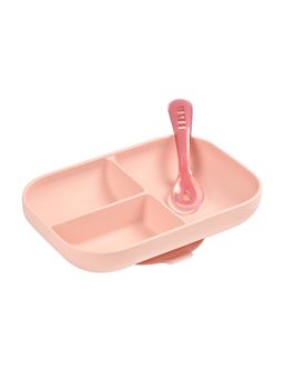 Beaba - Silicone Suction Divided Mealset with 2nd Stage Silicone Spoon, Pink, 4M+