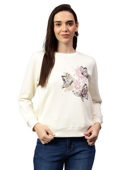 Cantabil - Printed Off White Full Sleeve Women Sweatshirt