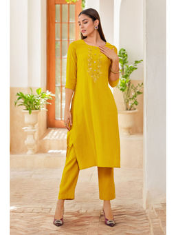 Soch - Women Mustard Viscose Embroidered Kurta with Pant (Set of 2)