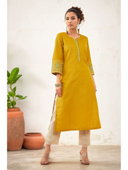 Soch - Mustard Rayon Embroidered Kurta with Pant (Set of 2)