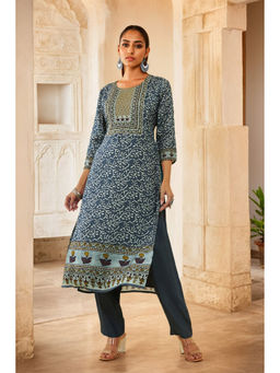 Soch - Women Navy Blue Cotton Floral Kurta with Pant (Set of 2)