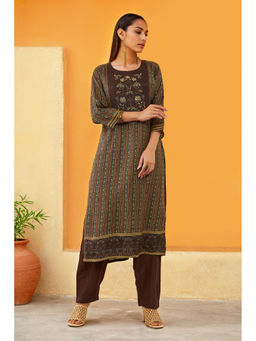 Soch - Women Brown Cotton Embellished Kurta with Pant (Set of 2)