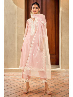 Soch - Womens Blush Pink Chanderi Embroidered Kurta & Pant with Dupatta Thread Work (Set of 3)