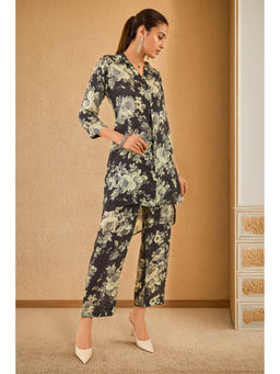 Soch - Womens Black Rayon Floral Print Co-Ord with Beads (Set of 2)