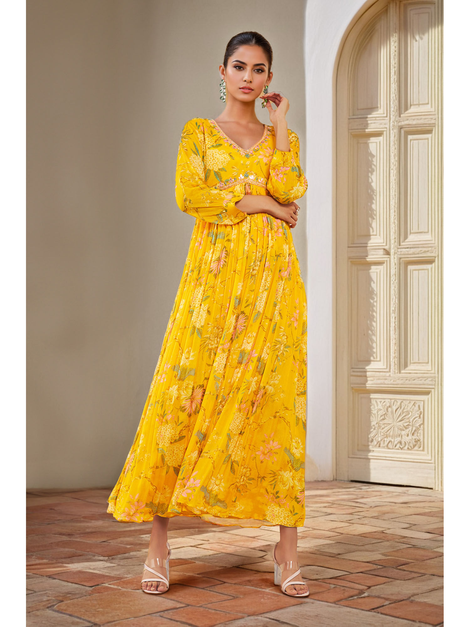 soch Womens Yellow Viscose Floral Print Alia Cut Dress with Cutdana-picture-14