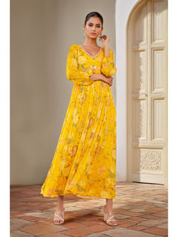 Soch - Womens Yellow Viscose Floral Print Alia Cut Dress with Cutdana