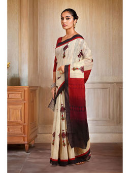 Soch - Womens Maroon Floral Printed Linen Saree with Unstitched Blouse