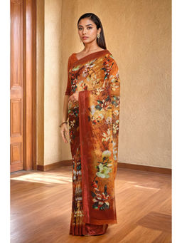 Soch - Womens Rust Georgette Floral Print Saree with Unstitched Blouse