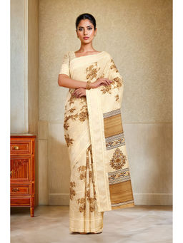 Soch - Womens Beige Art Silk Floral Print Saree with Unstitched Blouse