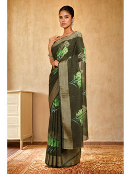 Soch - Womens Green Linen Floral Print Saree with Unstitched Blouse