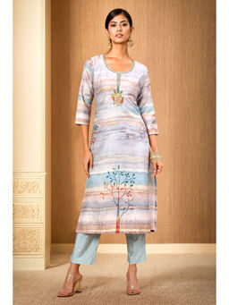 Soch - Womens Grey Printed-Beads Cotton Kurta with Pant (Set of 2)