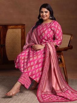 Extra love by Libas - Pink Printed Silk Blend Straight Kurta Sets for Women