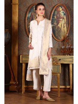 WISHFUL by W - White Floral Gold Printed Embroidered Kurta with Pant and Dupatta (Set of 3)