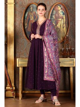 WISHFUL by W - Purple Embroidered Georgette Anarkali Kurta with Churidar and Dupatta (Set of 3)