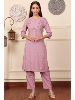 W - Pink Floral Printed Thread Embroidered Rayon Kurta with Pant (Set of 2)