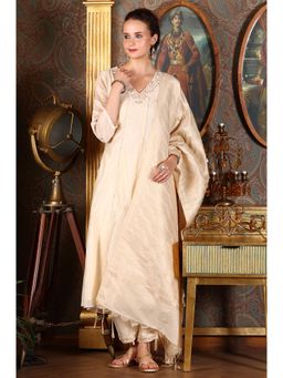 W - Beige Embroidered Flared Chanderi Kurta with Pant and Dupatta (Set of 3)